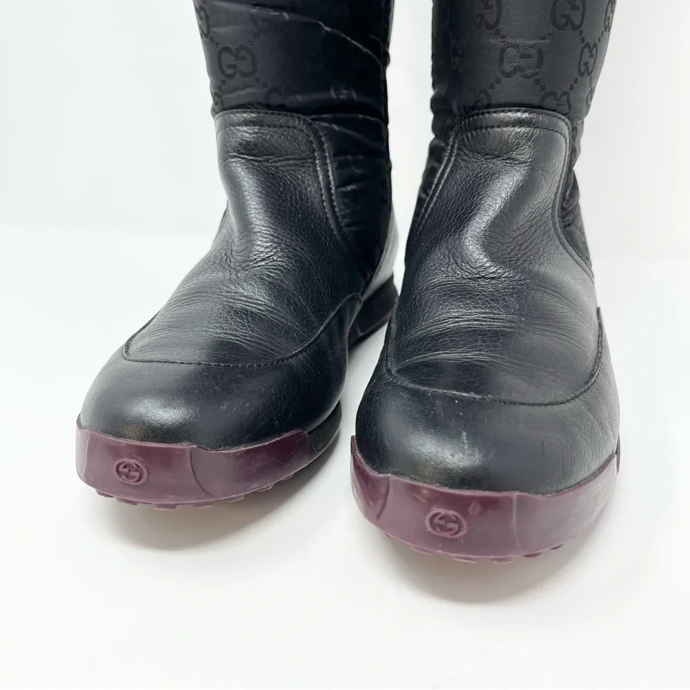 Gucci GG Logo Monogram Snow Winter Boots Tall Slip On Black Leather 35.5 5.5